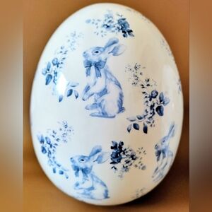 Ceramic Easter Egg Decoration 6.5 inch Shabby Chic Blue Bunny Rabbit Floral